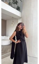 Janeka Şal Yaka Elbise - Lacivert - Kod: 3419