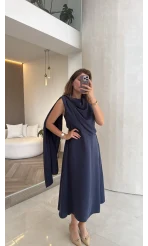 Janeka Şal Yaka Elbise - Lacivert - Kod: 3419