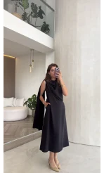 Janeka Şal Yaka Elbise - Siyah - Kod: 3419