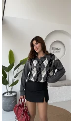 Janet Polo Yaka Baklava Desenli Kazak - Antrasit