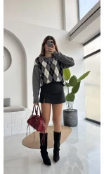 Janet Polo Yaka Baklava Desenli Kazak - Antrasit