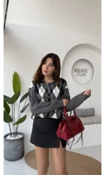 Janet Polo Yaka Baklava Desenli Kazak - Antrasit