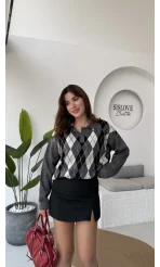 Janet Polo Yaka Baklava Desenli Kazak - Antrasit