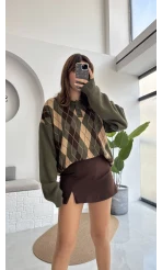 Janet Polo Yaka Baklava Desenli Kazak - Haki