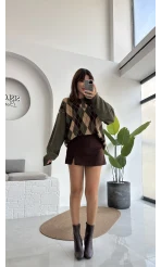 Janet Polo Yaka Baklava Desenli Kazak - Haki