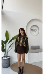 Janet Polo Yaka Baklava Desenli Kazak - Haki