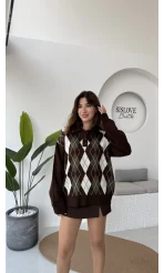 Janet Polo Yaka Baklava Desenli Kazak - Kahverengi