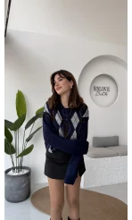 Janet Polo Yaka Baklava Desenli Kazak - Lacivert