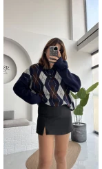 Janet Polo Yaka Baklava Desenli Kazak - Lacivert