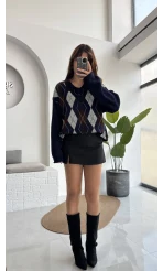 Janet Polo Yaka Baklava Desenli Kazak - Lacivert