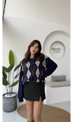 Janet Polo Yaka Baklava Desenli Kazak - Lacivert