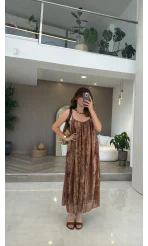 Jenny Askılı Desenli Elbise - Camel - Kod: 3466