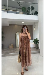 Jenny Askılı Desenli Elbise - Camel - Kod: 3466