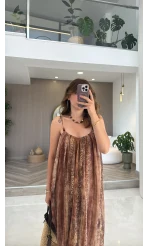 Jenny Askılı Desenli Elbise - Camel - Kod: 3466