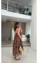 Jenny Askılı Desenli Elbise - Camel - Kod: 3466