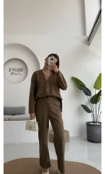 July Premium V Yaka Tek Cepli Gömlek Pantolon Takım - Haki