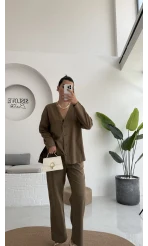 July Premium V Yaka Tek Cepli Gömlek Pantolon Takım - Haki