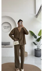 July Premium V Yaka Tek Cepli Gömlek Pantolon Takım - Haki