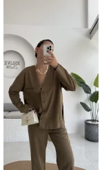 July Premium V Yaka Tek Cepli Gömlek Pantolon Takım - Haki