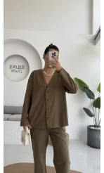 July Premium V Yaka Tek Cepli Gömlek Pantolon Takım - Haki