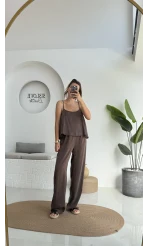 June Askılı Bluz Pantolon Takım - Kahve - 51043