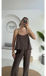 June Askılı Bluz Pantolon Takım - Kahve - 51043