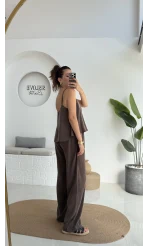 June Askılı Bluz Pantolon Takım - Kahve - 51043
