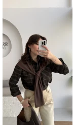 Juniper Ekose Desenli Bağlama Detaylı Oduncu Gömlek - Acı Kahve