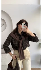 Juniper Ekose Desenli Bağlama Detaylı Oduncu Gömlek - Acı Kahve