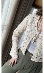 Jüt Desenli Hırka Krem