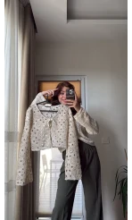 Jüt Desenli Hırka Krem