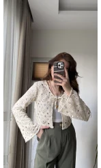 Jüt Desenli Hırka Krem