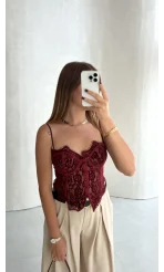 Kadife Dantel Detay Askılı Korse - Bordo