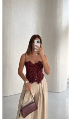 Kadife Dantel Detay Askılı Korse - Bordo