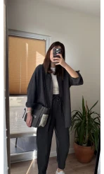 Kadife Gömlek Pantolon Takım Antrasit