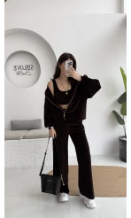 Kadife Üçlü Takım - Acı Kahve - Kod: 0097