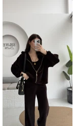 Kadife Üçlü Takım - Acı Kahve - Kod: 0097