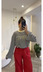 Kahve Çizgili Sarı Baskılı Sweatshirt - Kod: 1126