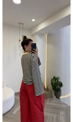 Kahve Çizgili Sarı Baskılı Sweatshirt - Kod: 1126