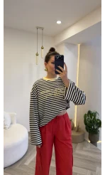 Kahve Çizgili Sarı Baskılı Sweatshirt - Kod: 1126