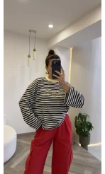 Kahve Çizgili Sarı Baskılı Sweatshirt - Kod: 1126