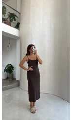 Kahve Oys Askılı Yırtmaç Detay Elbise - Kod: 63941