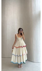 -ÖN SİPARİŞ-Premium Kalın Askılı Kat Kat Elbise - Taş - Kod: 1070