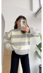 Kalın Çizgili Kazak - Gri