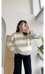 Kalın Çizgili Kazak - Gri