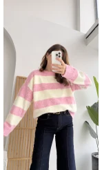 Kalın Çizgili Kazak - Pembe