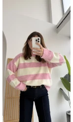 Kalın Çizgili Kazak - Pembe