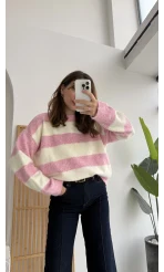 Kalın Çizgili Kazak - Pembe