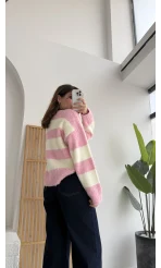 Kalın Çizgili Kazak - Pembe