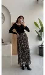 Kalın Kemerli Çiçek Desenli Şifon Etek - Haki